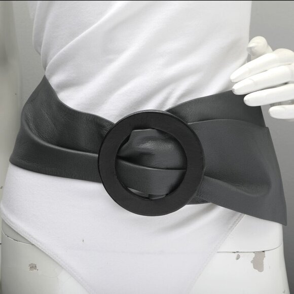 Vintage Susana Grazo Leather Wrap Wide Belt Large Round Wood Buckle Grey Black - Picture 4 of 9